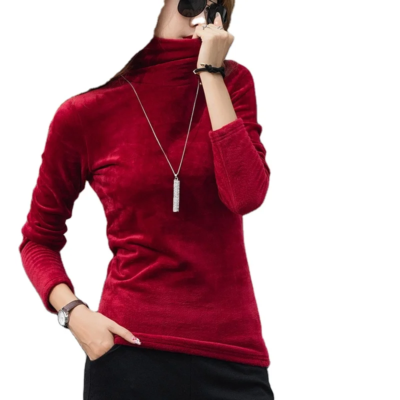 

Turtleneck Velvet Fleece T shirt Women Solid Tops Stretchy Long Sleeve Spring Autumn T-shirt