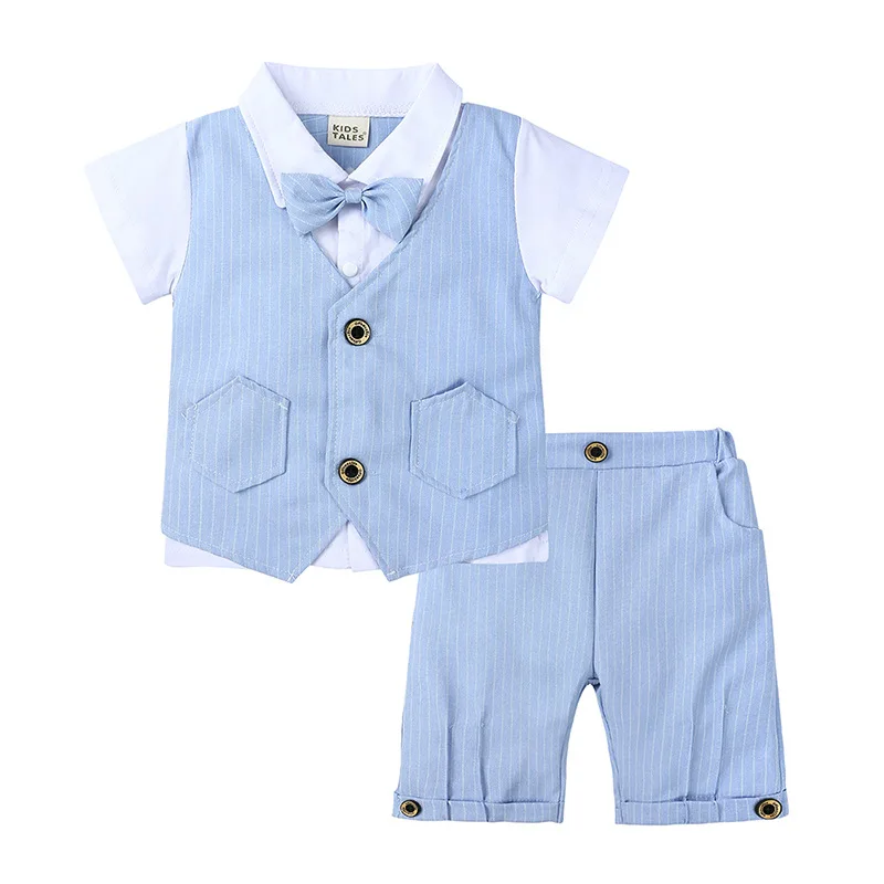 

2021 New Arrival Summer Boy Short Sleeve False Two Vest Knit Shirt Bow Tie Clothes Baby Formal 2pcs Set
