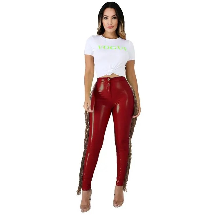 

Unique Design Stitching Sequined Pu Leather Pants, High Stretch And Cashmere Pants For Women