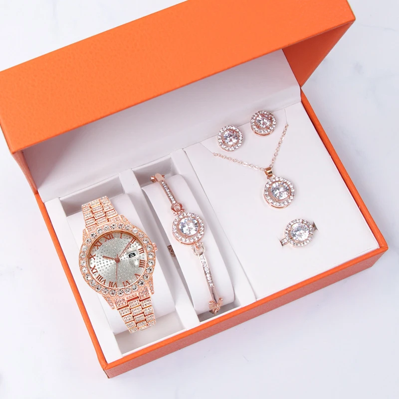 

Lced Out Calendar Diamond Hip Hop Watch jewelry set Women Watches Bracelet Gift Quartz watches for girls gift set For Girl