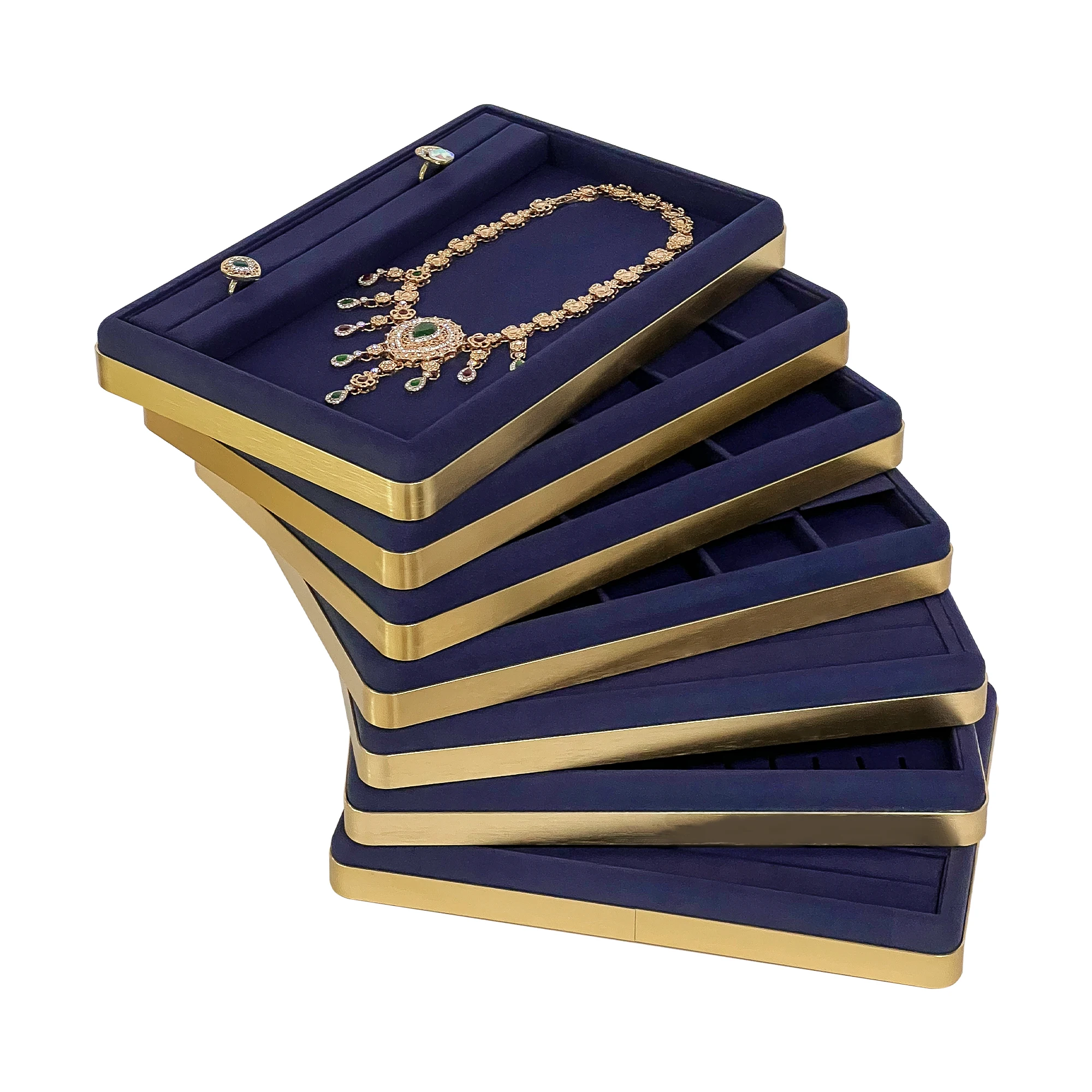 

SKQ Jewellery Trays Blue Suede leather Jewelry metal display Custom necklace jewelry display tray jewelry display