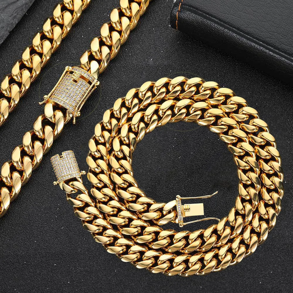 

Hip hop Stainless steel 18k gold plated Iced Clasp miami Cuban Chain Zircon Diamond Buckle Necklace and Bracelet For Men Women