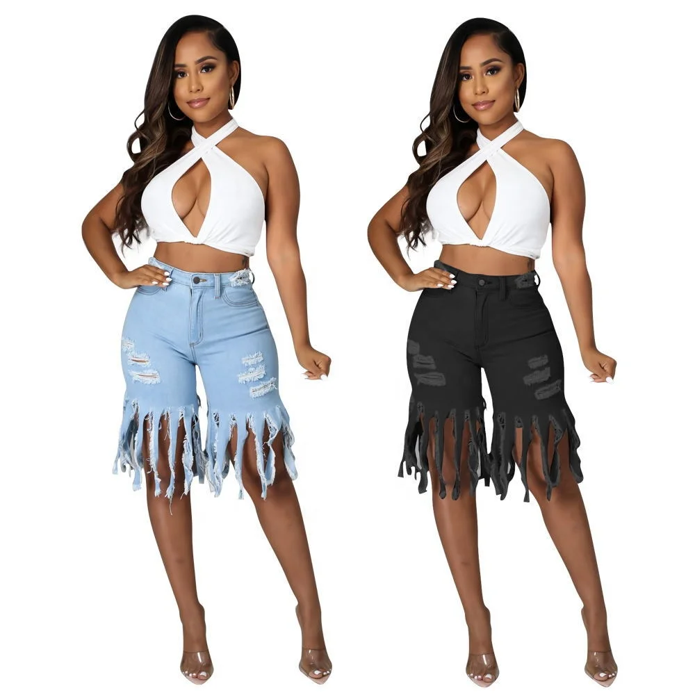 

New arrival fashion tassel denim short pants high waist ripped jean shorts women