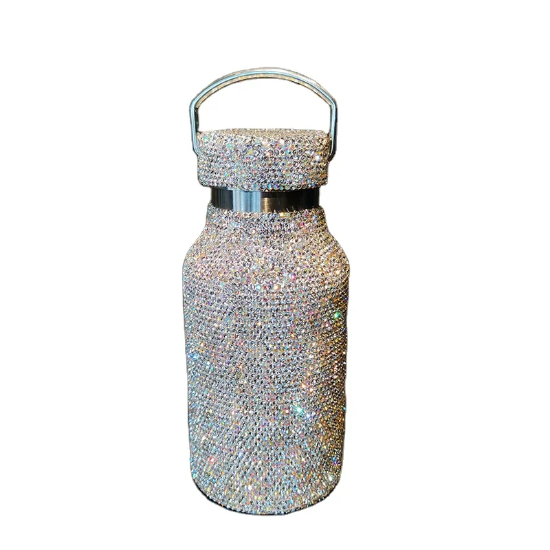 

350ml New Ladies Flash Diamond Luxury Insulation Cup Stainless Steel Full Rhinestone Portable Water Mug for Girl Gift, Silver