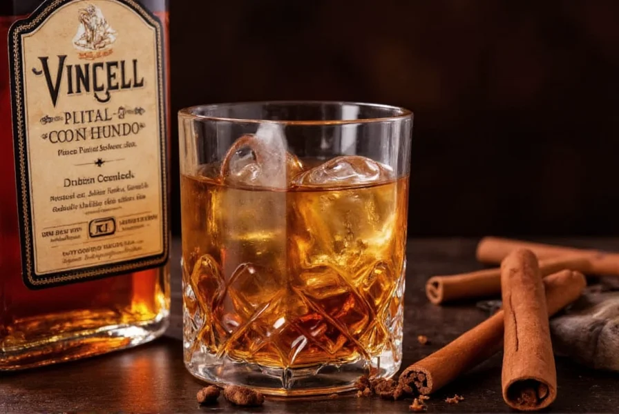 Close-up of cinnamon sticks soaking in whiskey bottle with golden liquid and spice details
