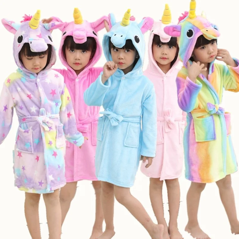 

Children Star Unicorn Cartoon Animal Flannel Pajamas Fall Winter Hooded Baby Kids Girls Bathrobe, As picture