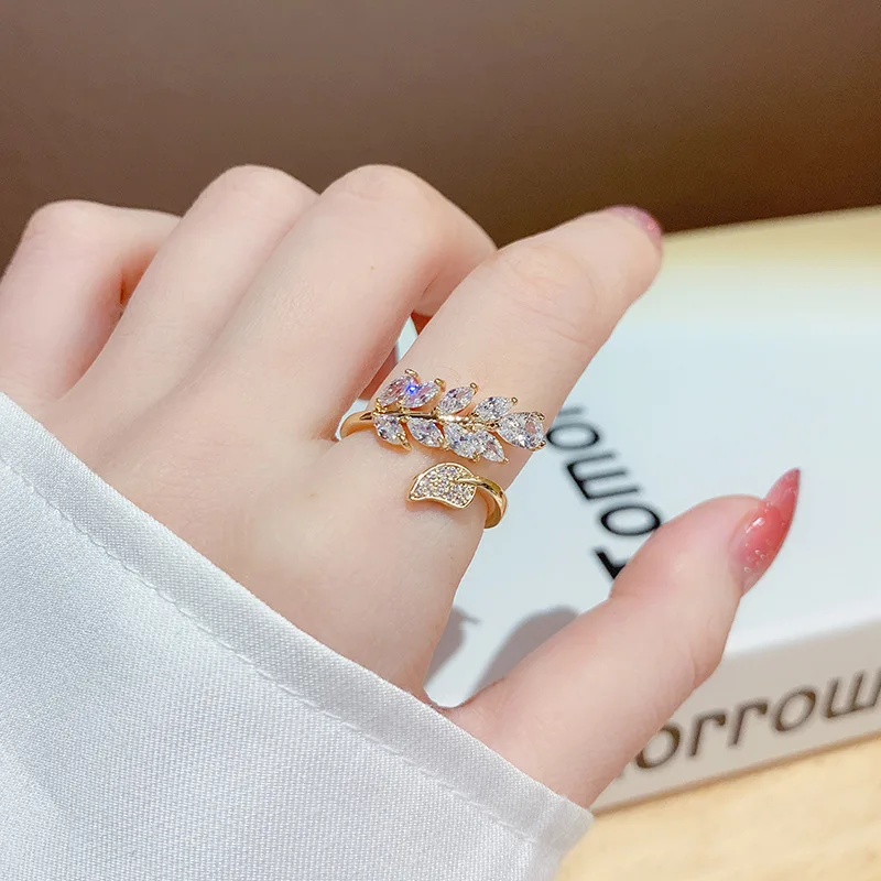 

2021 Fashion 18K Real Gold Full CZ Leave Ring Adjustable Open Cubic Zircon Leaf Ring For Women