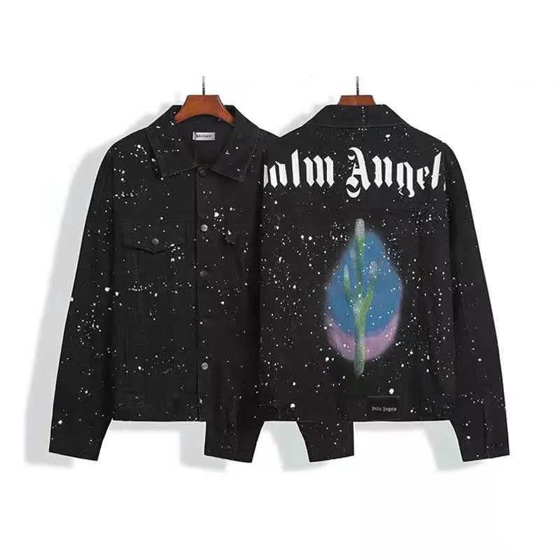 

IHJ5812 men's casual denim jackets autumn and winter splash ink letter printed black denim jacket