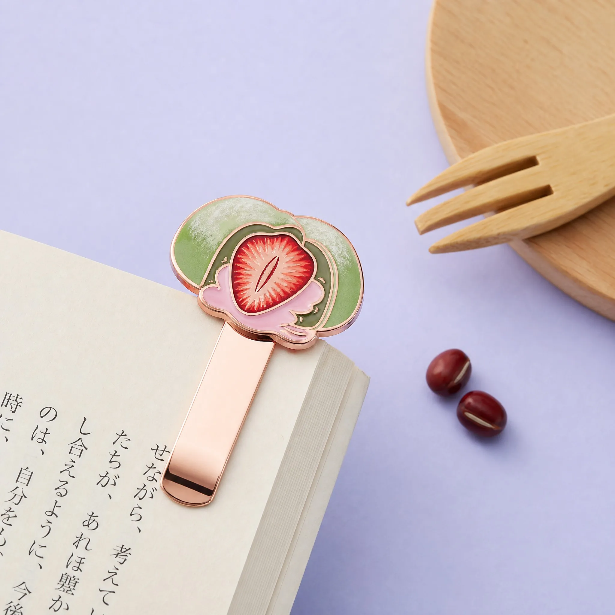 Custom Japanese Matcha Strawberry Daifuku Mochi Wagashi Rose Gold Metal Bookmark Clip
