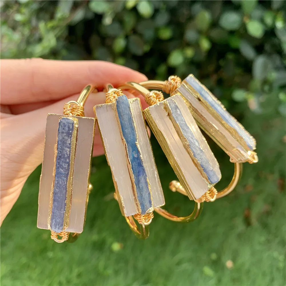 

LS-A3635 natural raw gemstone bangle, fashion blue kyanite gold plating cuff bracelet bangle handmade wire wrapped, Assorted