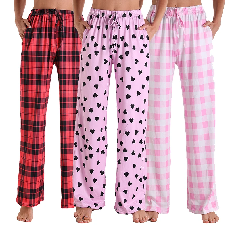 

Wholesale High Quality Soft Pajama Bottom Lounge Pants Plaid Wide Leg Pajama Pants for Women, Picture shows