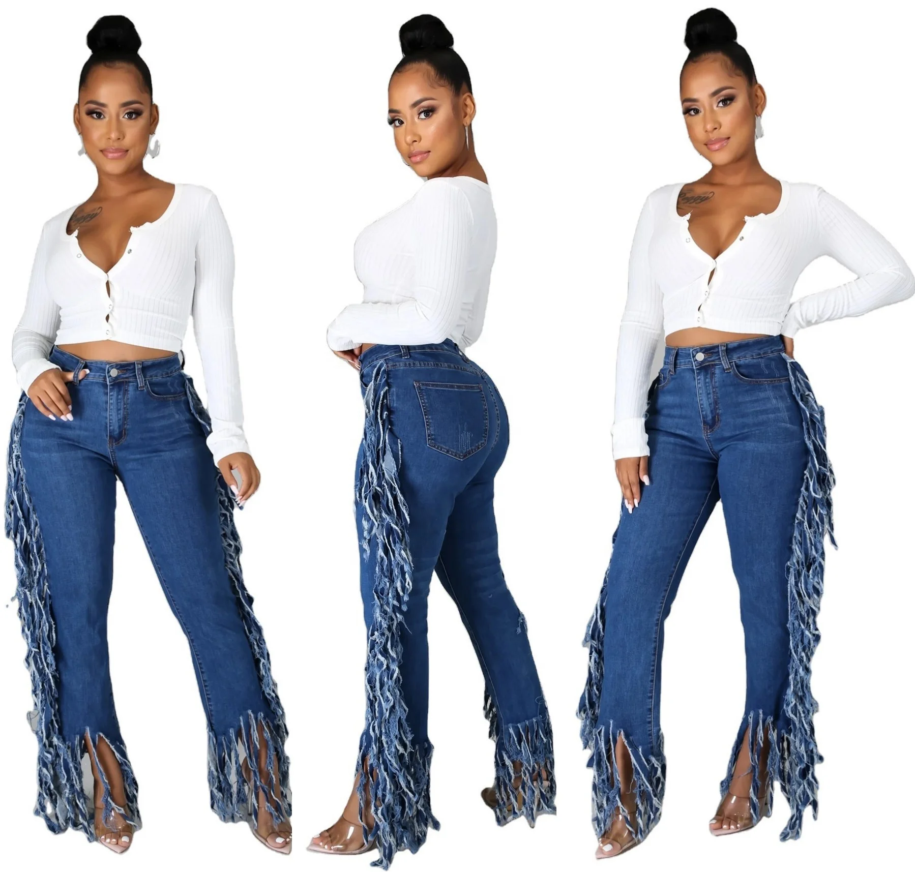 

B63634A New best-selling European and American women's sexy side tassel washed jeans trousers, Blue