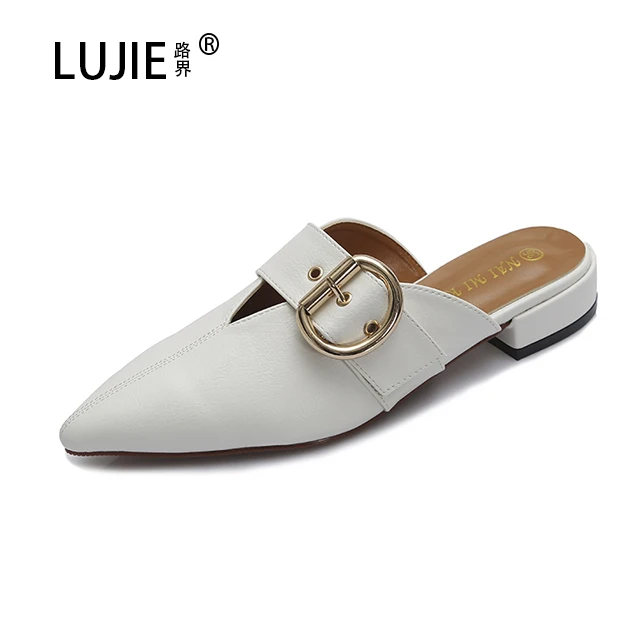 

LUJIE Summer large size half slipper fashion for women outdoor loafers flat with low heels pointed belt buckle nude shoes