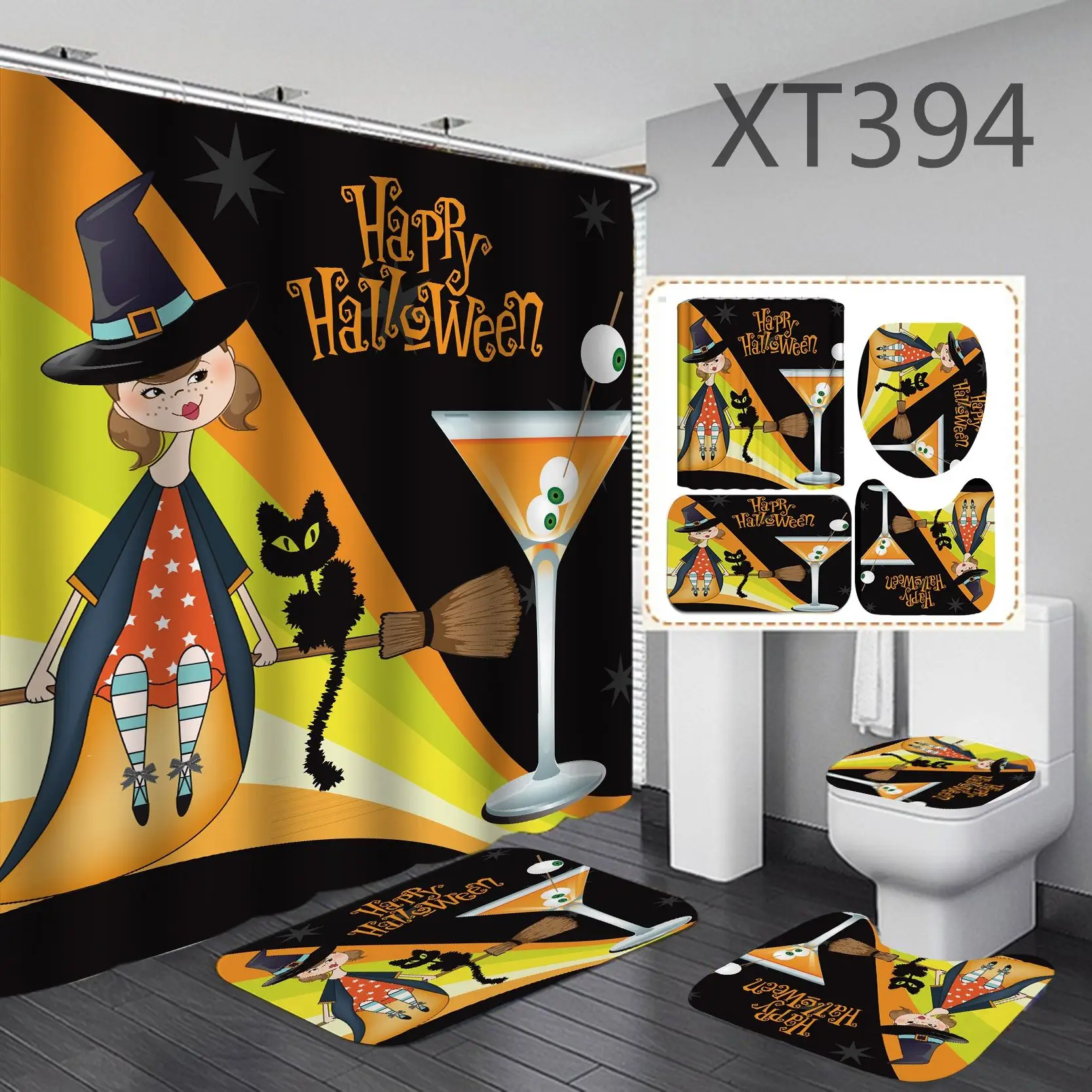 

100% polyester waterproof halloween style Pumpkin head horror shower curtain set