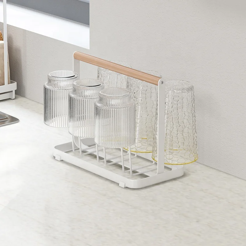 

Portable wooden handle metal organizer glass cup home kitchen storage holder