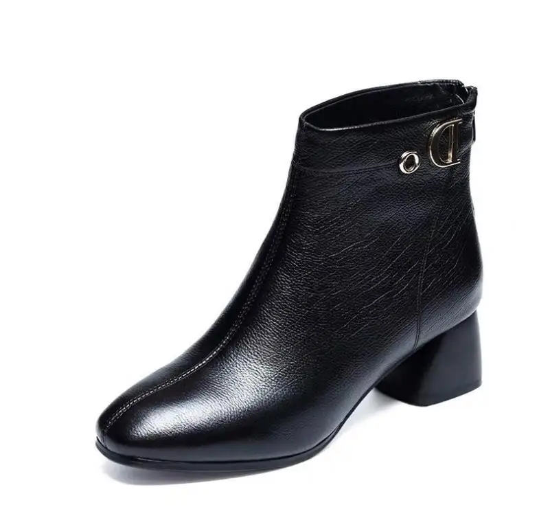 

Ankle Boot New British Style Zipper Black Middle Heel Leather Shoes Winter Thermal Women Leather Shoes, Picture shows