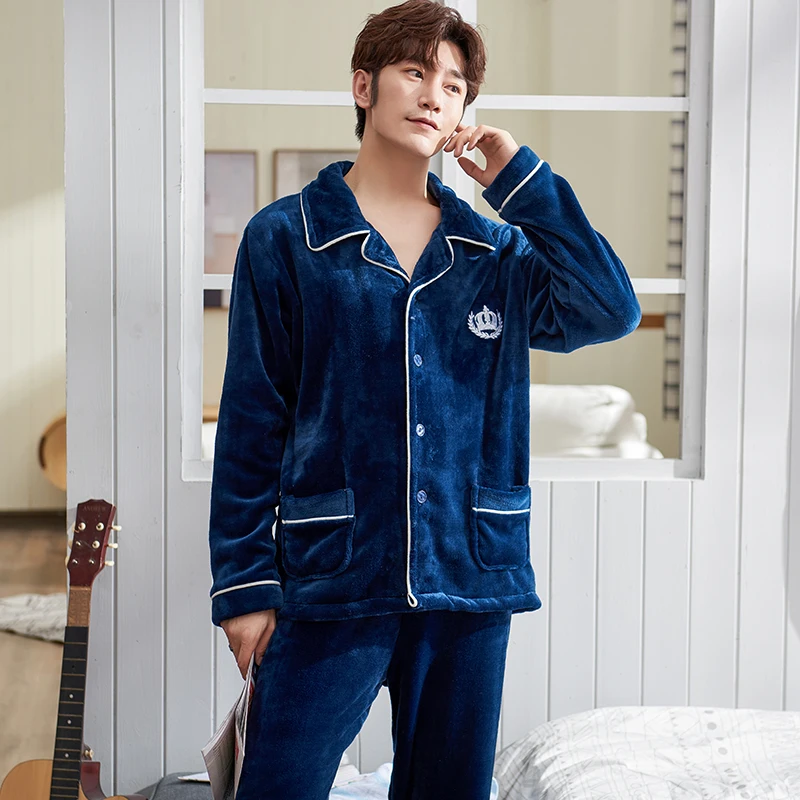 

high quality thicken flannel thermal warm soft long pants solid color can be customized pajama sets for men