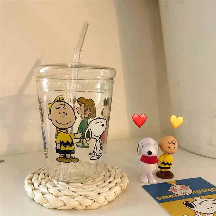 

Snoopy glass cup with scale and straw water glass cup, Transparent