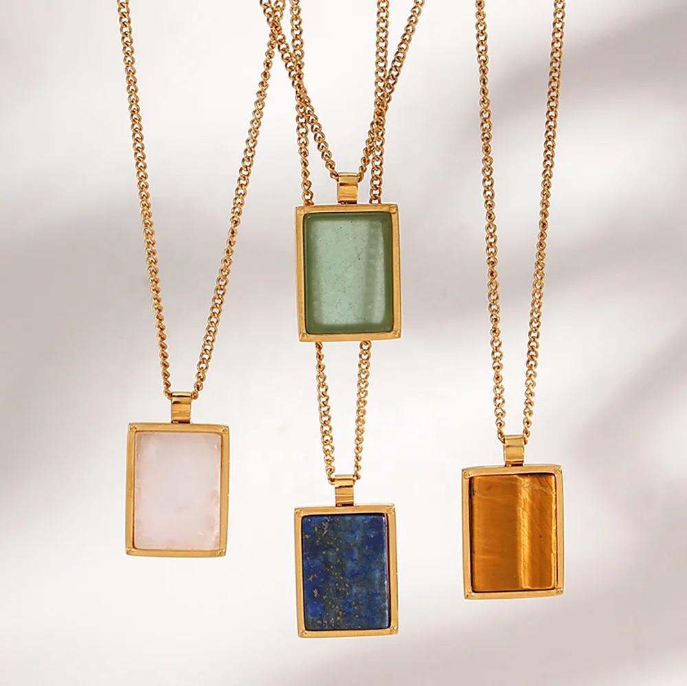 

Colorful Christmas Jewelry Square Gemstone Pendant Necklace Gold Plated Stainless Steel Women Jewelry