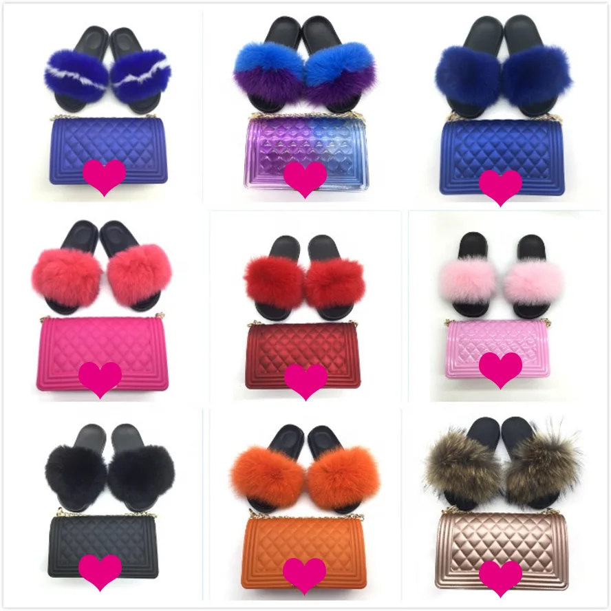 

Wholesale chain crossbody women raccoon slippers set bag handbag colorful purses fur slides jelly purse with sandals to match