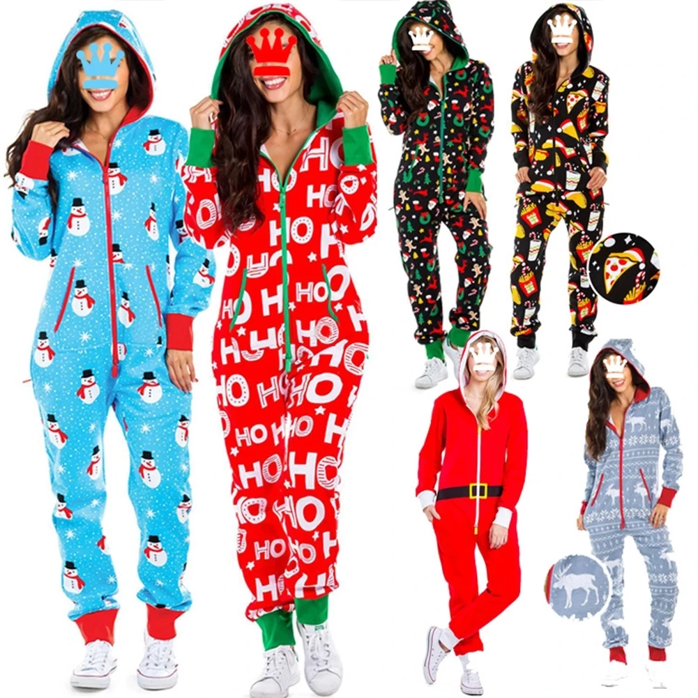 

Christmas Jumpsuit Pajamas Women Winter Print Warm Long Sleeve Sleepwear Xmas Cute Zipper Up Hooded Nightwear Home Wear Suits