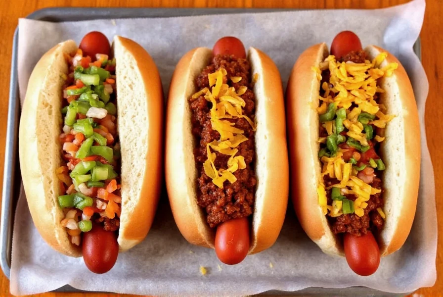 Three regional chili dog variations on wooden board: Coney Island, Chicago-style, and Los Angeles street cart versions