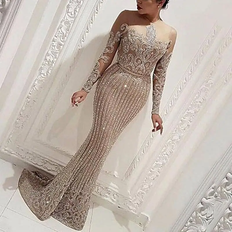 

Luxury Long Sleeve Gold Mermaid Prom Dress Sexy Ladies Long Party Wear Gowns Woman Abiti Evening Dresses, As picture