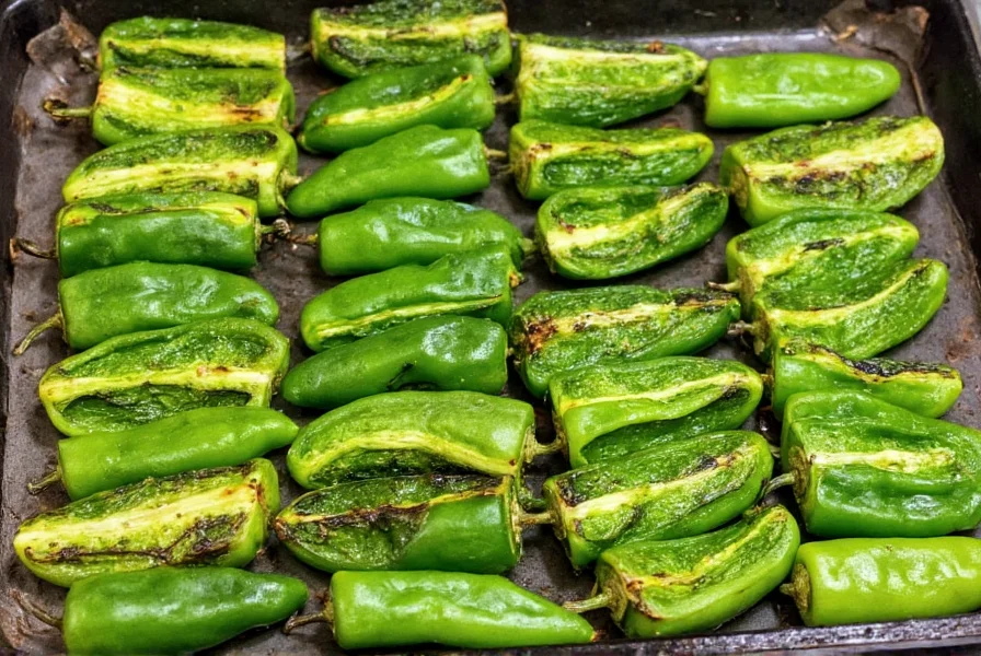 Roasted poblano peppers sliced and ready for cooking