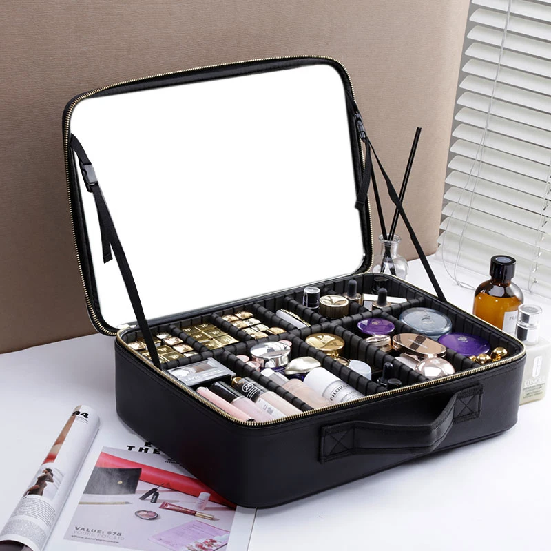 

High Quality Box Cosmetic Case Large Capacity Portable With Mirror Small Cosmetic Bag, White