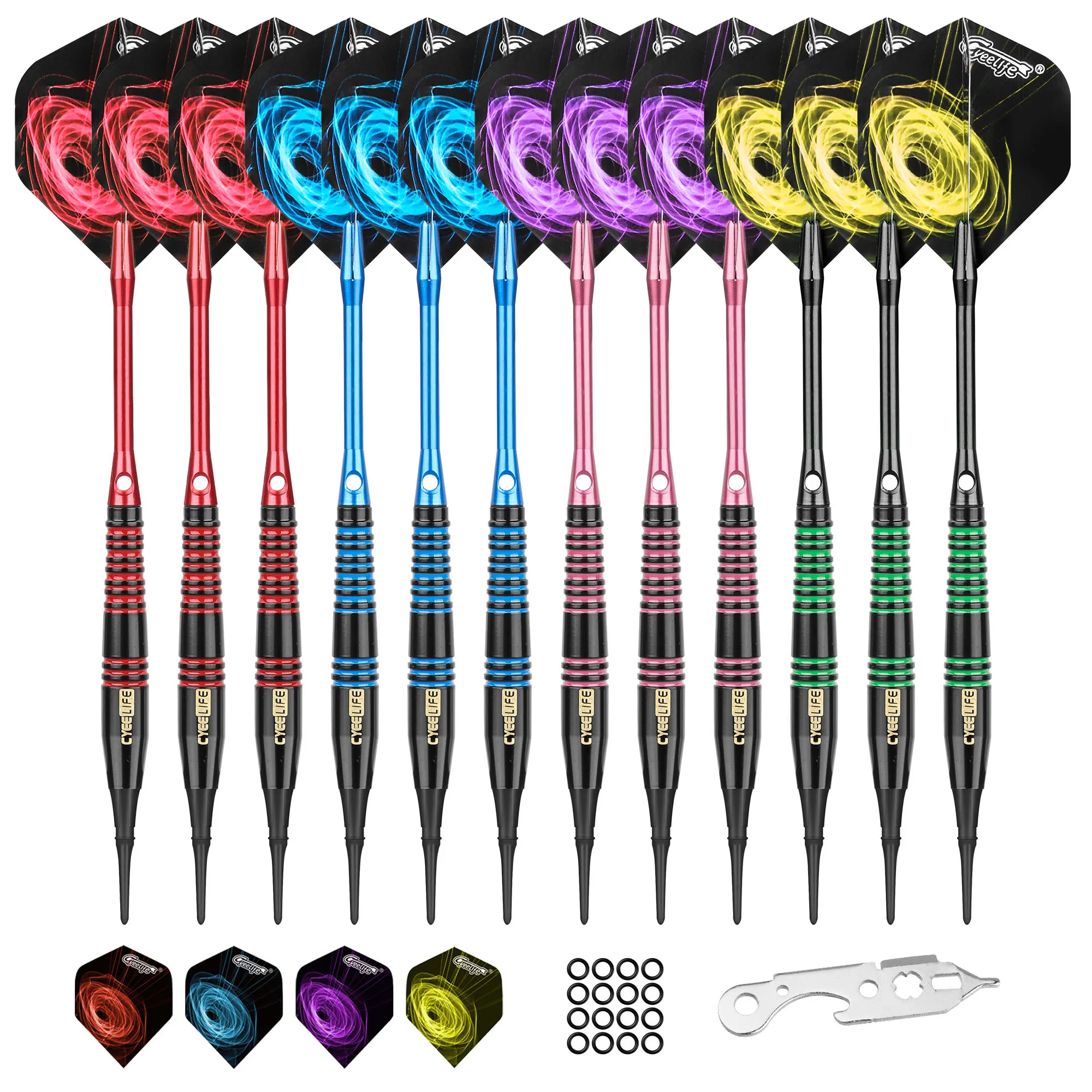 

CyeeLife 18g Brass Barrel 4 colors Alu Shafts PET Flights 12 Pack Soft Tip Darts Set, Muti color