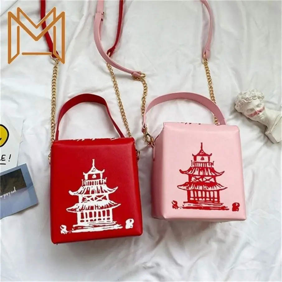 

printing shoulder Women New Design creative pu bag personality leather chains messenger Handbag fashion red iron tower TC bag