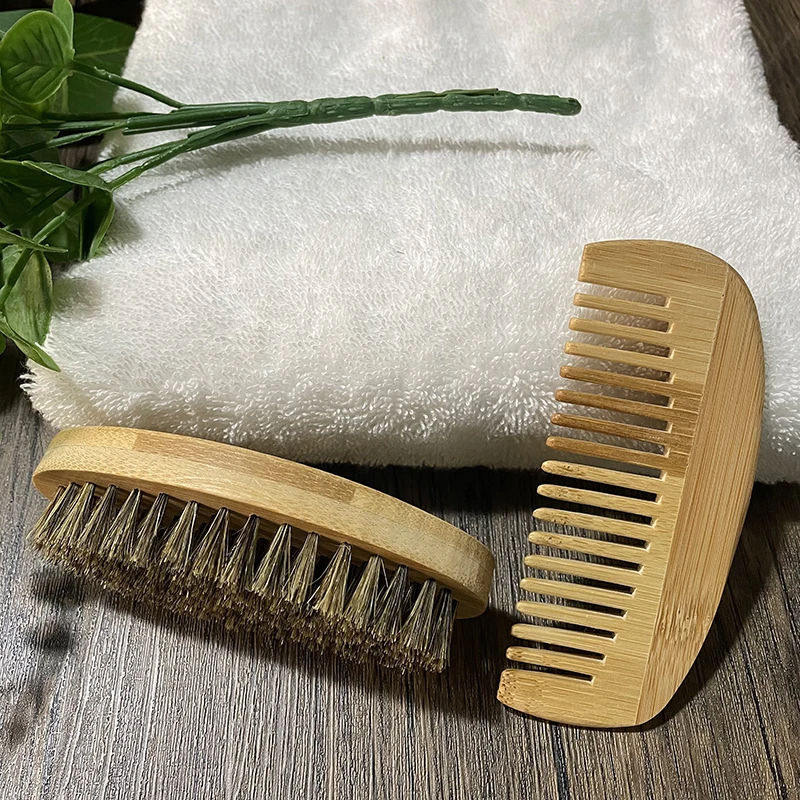 New Arrival Customizable Mens Beard Comb Brush Natural Bamboo Boar Bristle Wooden Mens Beard Kit