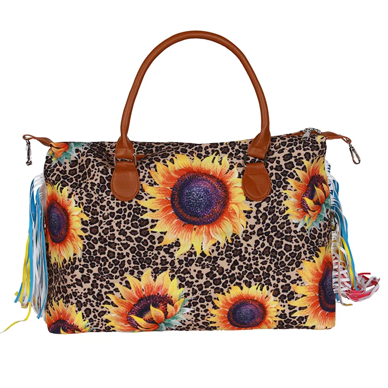 

Free Shipping Leopard Sunflower Fringe Weekender Boutique Bag Personalized Women Canvas Overnight Bag with Tassel for Lady, Serape&leopard,leopard,rainbow,sunflower,etc.