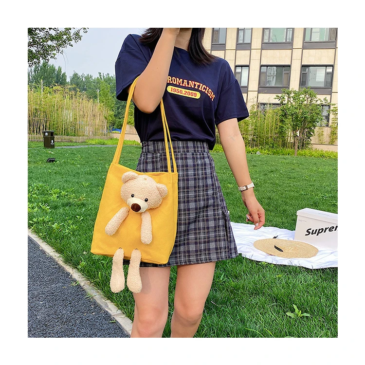 

2021 Canvas Shopping Eco Reusable Foldable Shoulder Bear Tote Bag School Travel Women Shopping Bag, Customized color