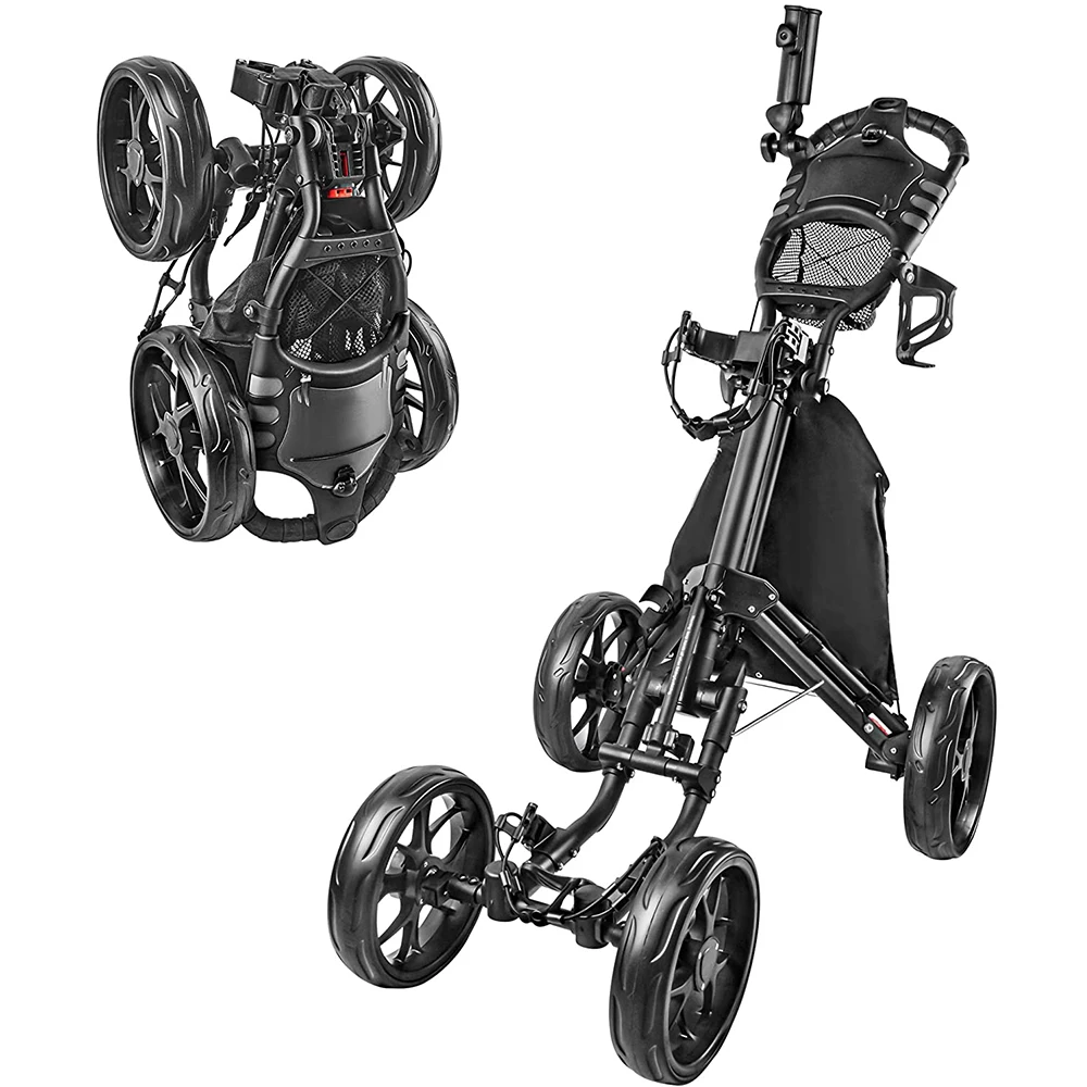 

Foldable 4 Wheel Golf Push Cart Golf Trolley with Foot Brake Umbrella Holder Drink Holder Cool Bag, Black,red,green or custom