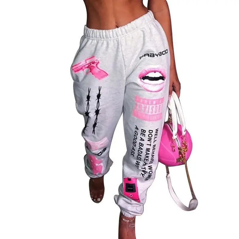 

2021 new arrivals chic design fashion graphic joggers women high waist drawstring graffiti streetwear long cargo pants