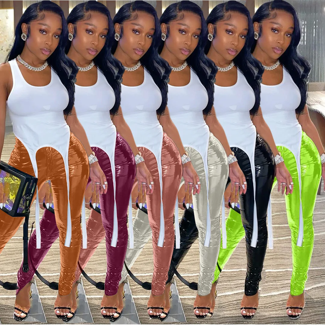 

Amazon AliExpress Hot Selling Skinny PU Pants Woman High Quality Solid Color Bright PU Foot Slit Ladies High Waist Trousers