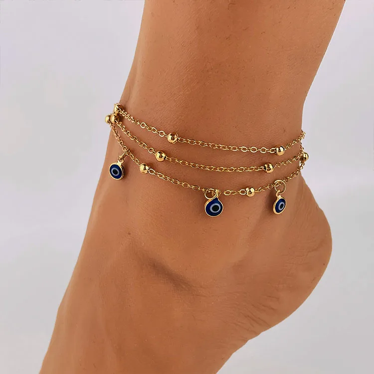 

Gold plated blue evil eye beads multi layer anklet for women, Gold color