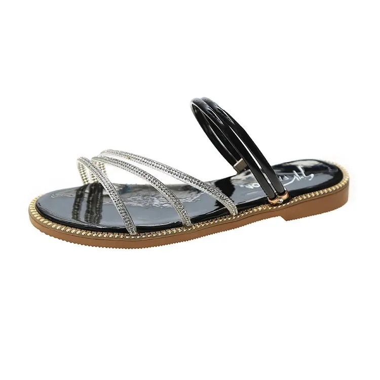 

2021 New Arrival Fashion Ladies Slippers Solid Color Flat Round Head Open Toe Bling Rhinestone Strap One Font Women Slippers Pu