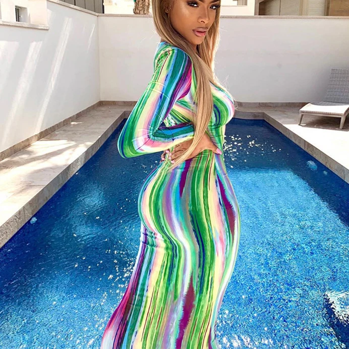 

2021 long sleeve colorful print V-neck bodycon long dress spring women new fashion streetwear party elegant outfits, Black