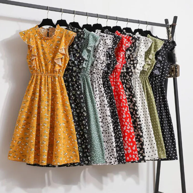Summer Sleeveless Floral Midi Chiffon Dresses Women Boho Ruffle Stand Collar A-Line Tank Dress Female Dot Party Beach Dress