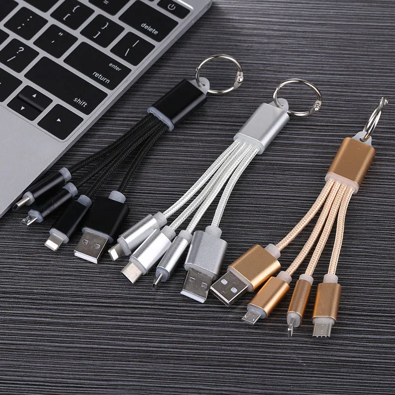

Durable Nylon Braided micro 3in1 keychain usb cable fast charge Type C Phone Multi Usb data Cable 3 IN 1