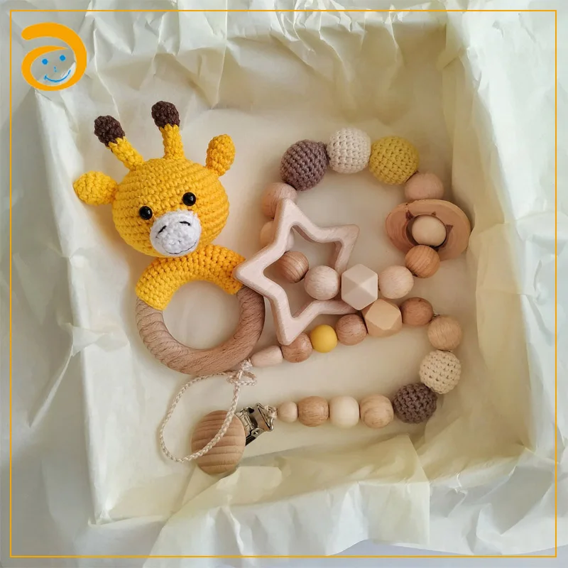
Customized sensory organic baby crochet toy pacifier clip with wooden rattle gift set 