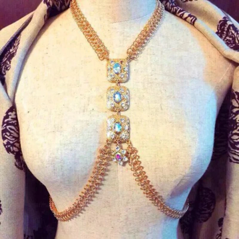 

Flower Rhinestone DIY Body Chain Necklace Handmade Long Pendant Choker Body Jewelry Hot Sexy Beach Chain, Gold