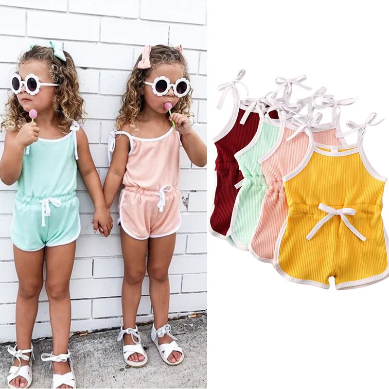 

Custom OEM ODM Toddler Baby Girl Boys Shoulder Tie Strap Ribbed Cotton Draw String Romper Kids Jumpsuit Clothing, Photo showed and customized color