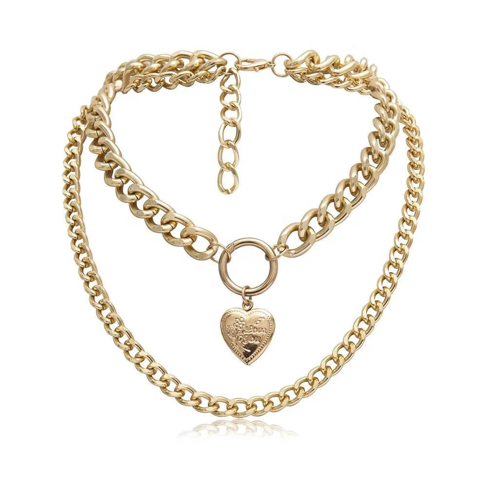 

Fashion Punk Heart Case Necklace, Gold Thick Chain Necklace , 2 Layer Necklaces