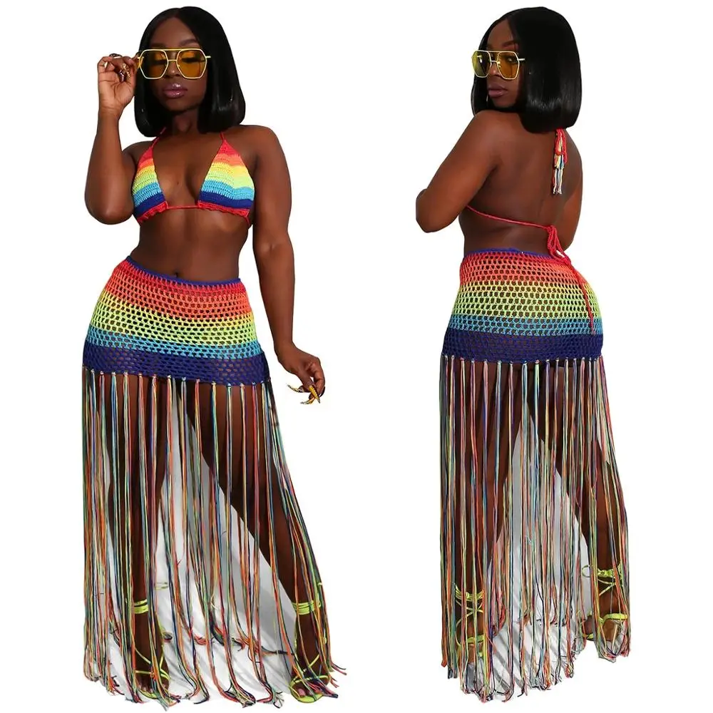 

Hot Summer Hollow Out Rainbow Women's Sexy Hand-Crocheted Tassel Casual Suit 2020Beach Cover Up Swimwear Biquini Tankini Beachw