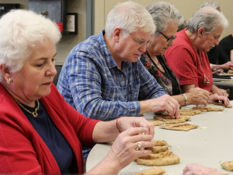 Senior citizens creating cork coasters during community outreach event