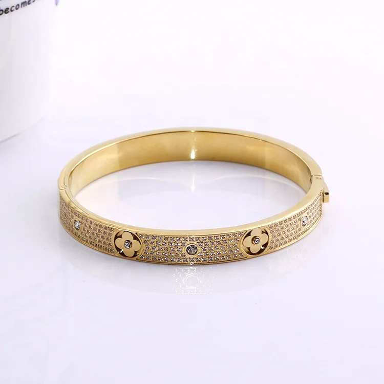 

wholesale custom stainless steel fashion jewelry gold plated crystal four leaf clover flower cuff bracelet bangle for women, All common color are available