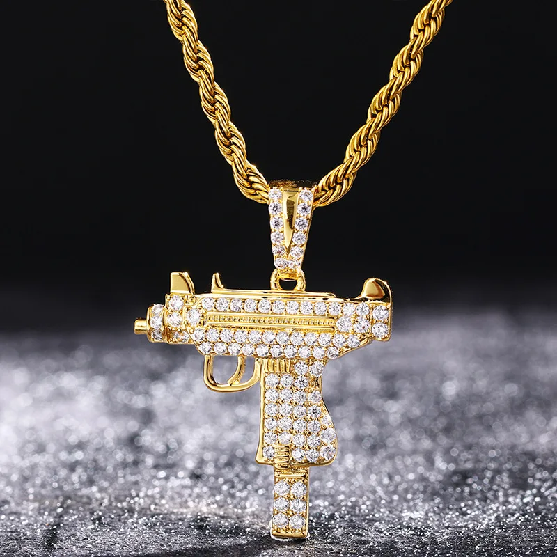 

Hot selling european and american men's micro-inlaid zircon uzi submachine gun pendant pendant hip hop fashion trendy necklace, Picture shows